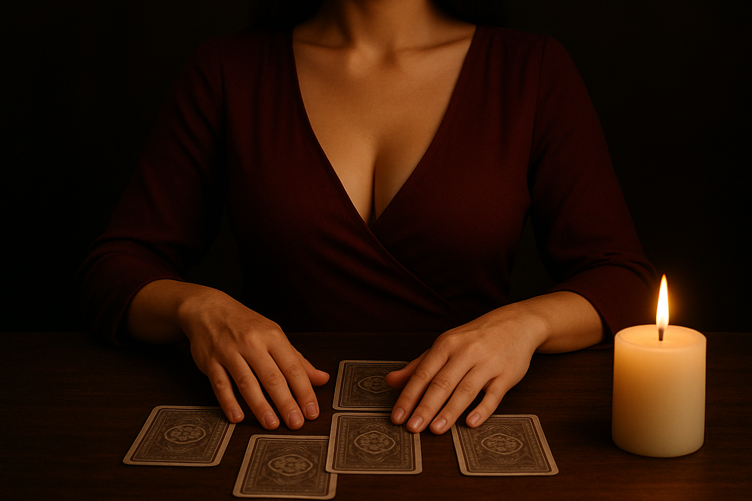 tarotista enseñando las manos en una mesa llena de cartas de tarot, alumbrada por una vela